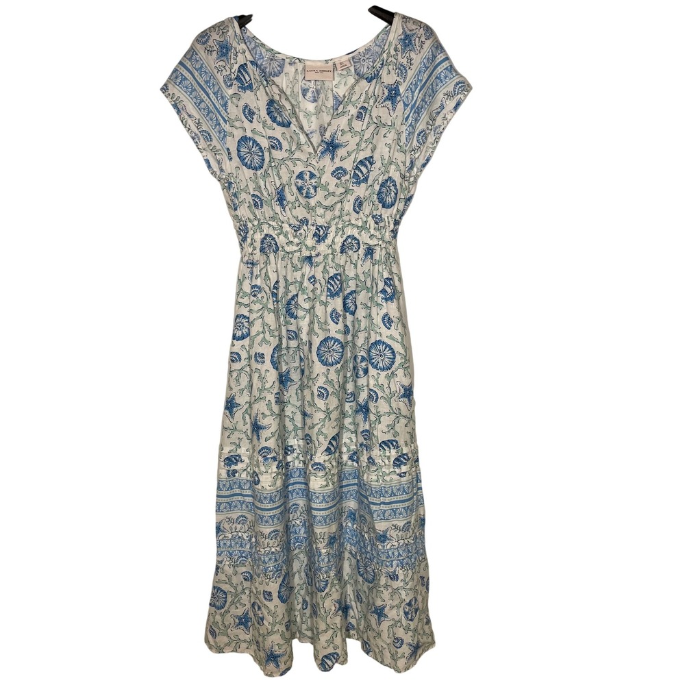 Laura Ashley Linen Blend Ocean Tiered Midi Dress Sz SM Coral Shells